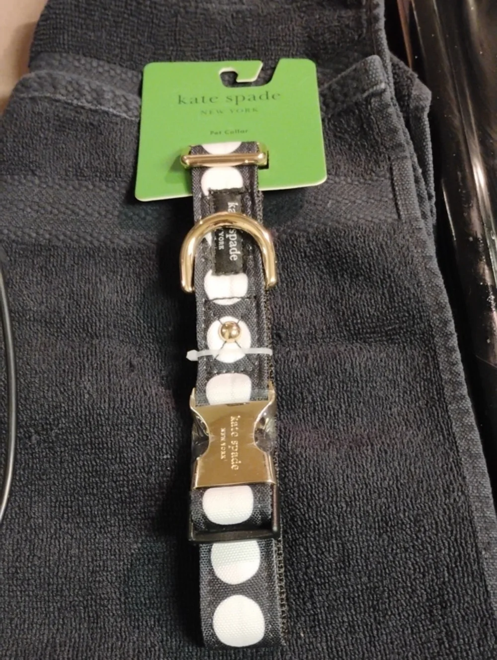 kate spade black and white polka dot pet collar with gold hardware